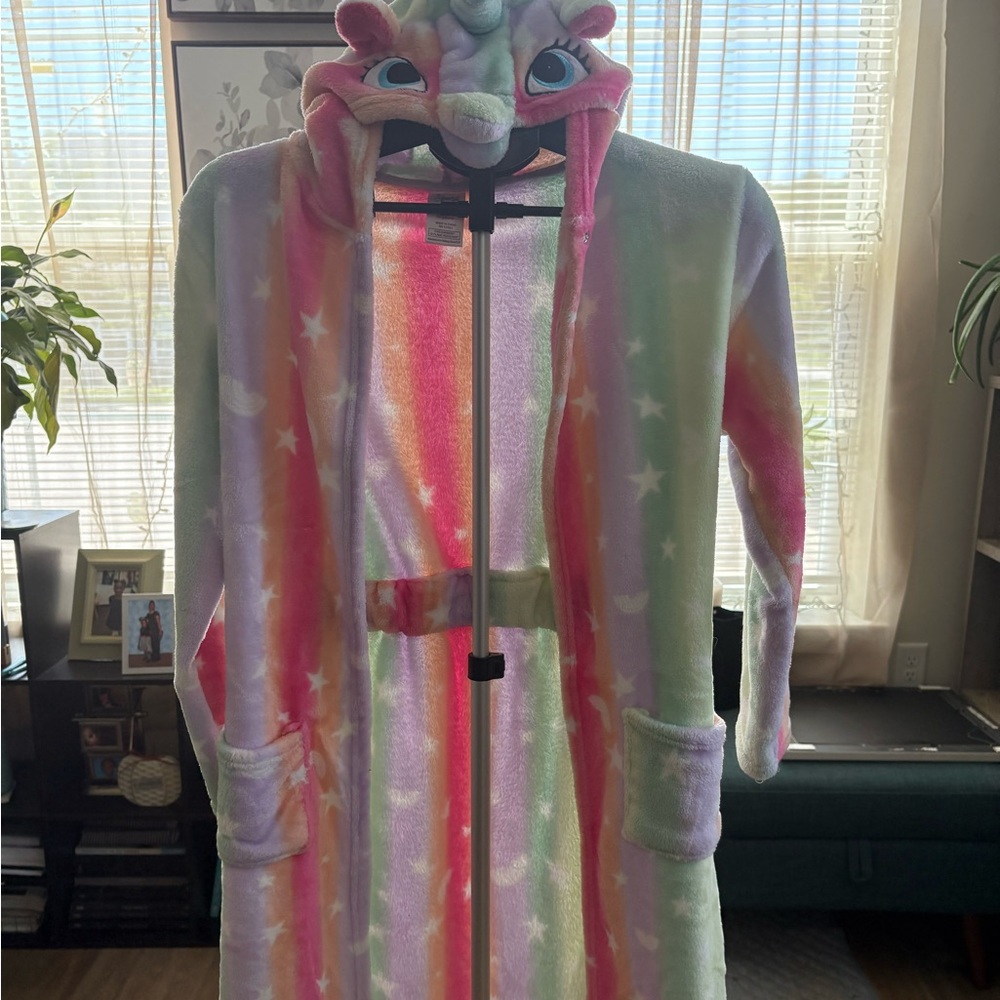 🦄 Girls Plush Unicorn Robe – Rainbow Galaxy Hooded Bathrobe | Size XL (14/16)